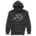 Charcoal hoodie with tan First Lite feather logo, drawstring hood, and kangaroo pocket.