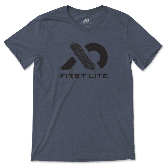 Heathered slate blue t-shirt with black feather and First Lite text logo.