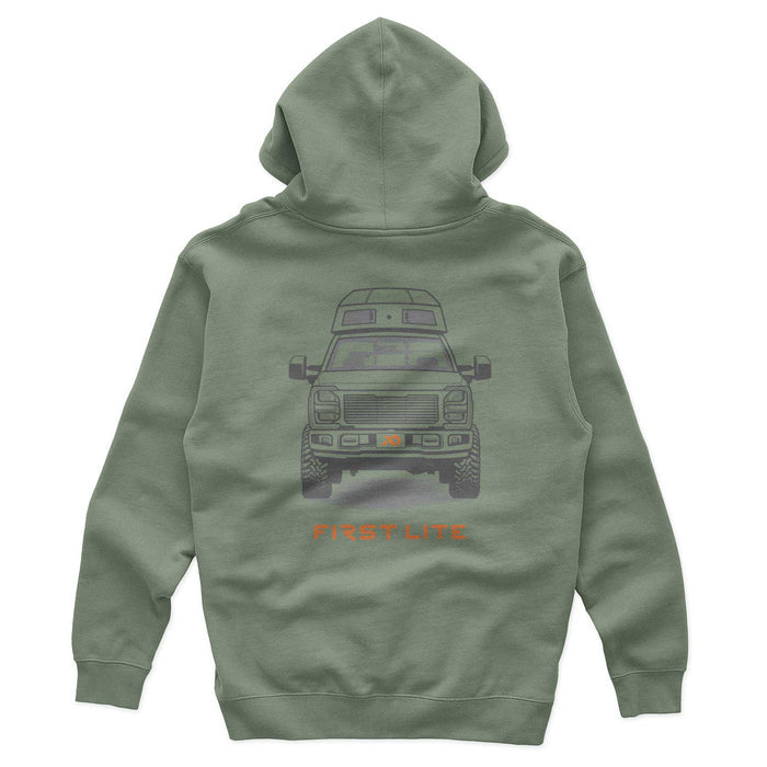 Sage green hoodie featuring a gray outline graphic of a pickup truck with a camper on the back, and orange 'FIRST LITE' text below.