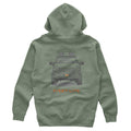 Sage green hoodie featuring a gray outline graphic of a pickup truck with a camper on the back, and orange 'FIRST LITE' text below.