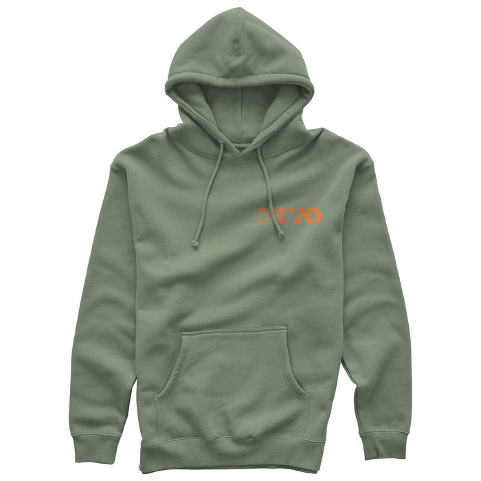 Sage green hoodie with a hood, drawstrings, kangaroo pocket, and an orange stylized text logo on the left chest.