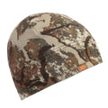 Camouflage beanie with a mottled tan, brown, green, and rust pattern, featuring a small orange logo tag on the brim.