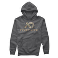 Dark gray hoodie with drawstrings and a kangaroo pocket, featuring a camouflage abstract logo above "FIRST LITE" text on the chest.