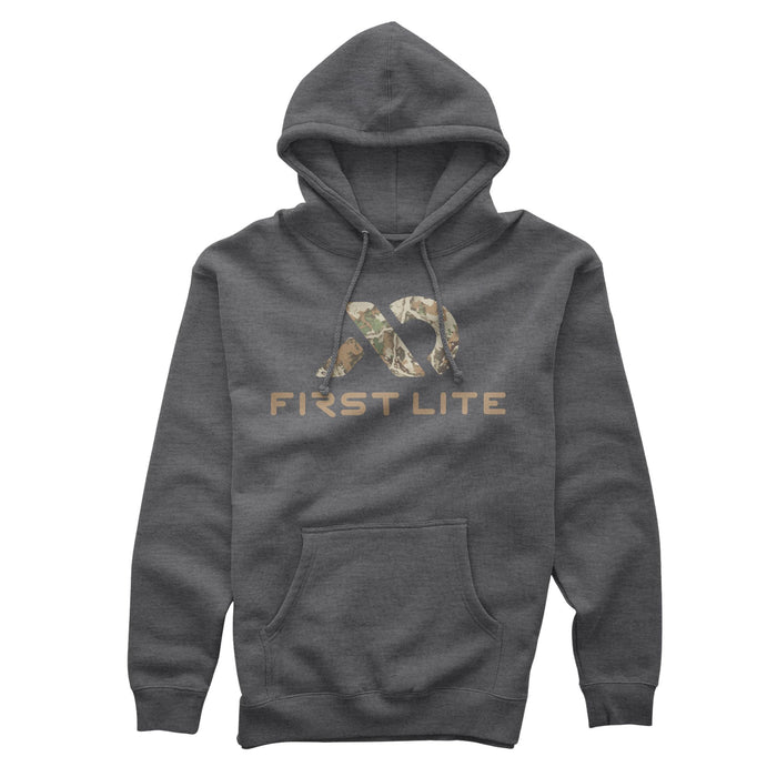 Dark gray hoodie with drawstrings and a kangaroo pocket, featuring a camouflage abstract logo above "FIRST LITE" text on the chest.
