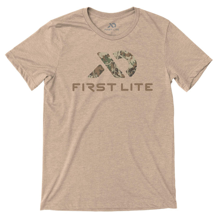 Sand brown heather t-shirt featuring a stylized camouflage logo above "FIRST LITE" text on the front