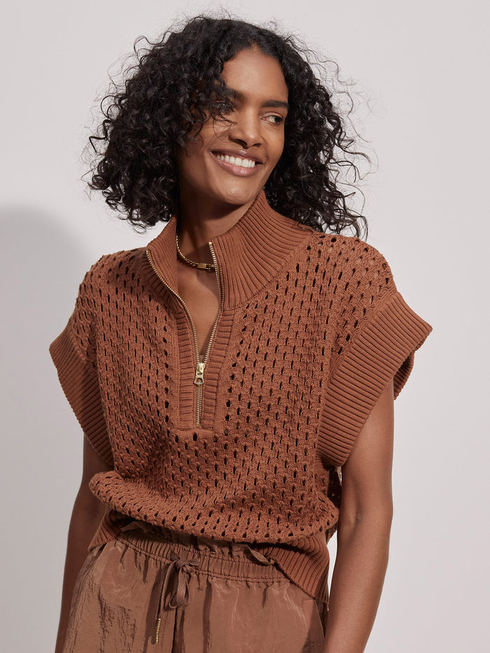 Rawhide|Gaines Half-Zip Knit in Rawhide, oversized half-zip with chic cap sleeves, textured Pineapple Knit, ribbed hem for easy tucking.