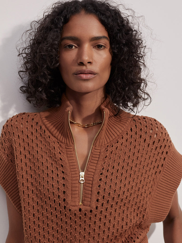Rawhide|Gaines Half Zip Knit Rawhide, front view of a textured knit sweater with a half-zip collar and ribbed cuffs in Rawhide.