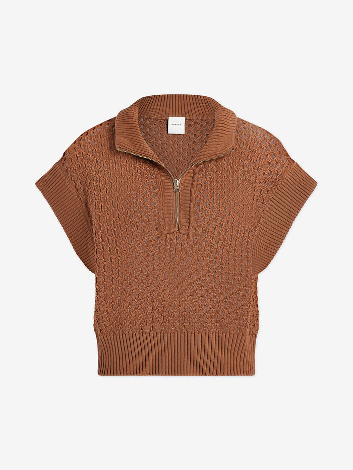 Rawhide|Gaines Half Zip Knit Rawhide, a beige knit pullover with a half-zip neckline and ribbed cuffs.