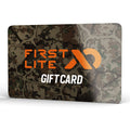 First Lite gift card featuring a brown and green camouflage pattern, with the orange 'First Lite' logo and 'GIFT CARD' text.