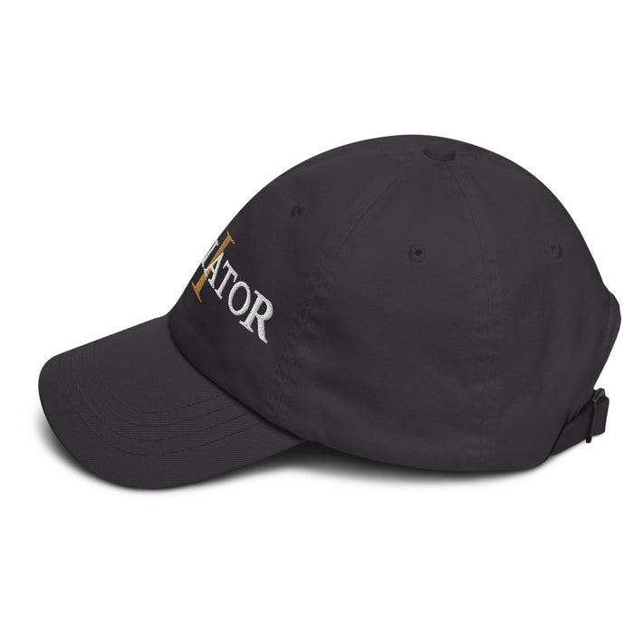 Back view of the dad hat displaying the adjustable strap and antique buckle closure
