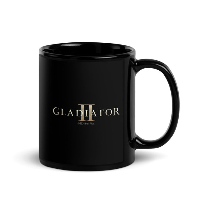 Front view of the Gladiator II Lucius black mug showing character imagery