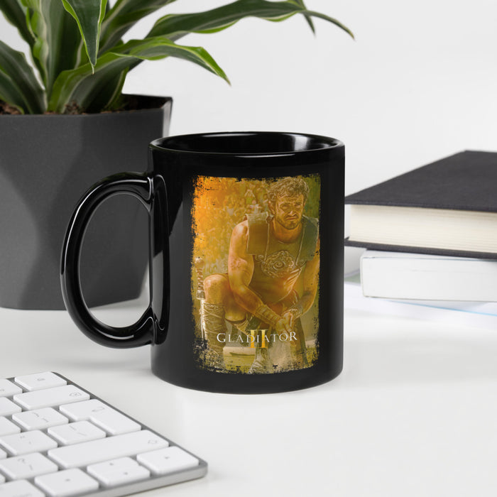 Side view of the glossy black Gladiator II coffee mug