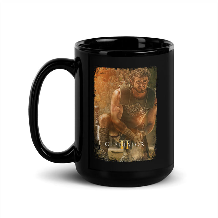 Close-up of the Gladiator II movie artwork printed on the ceramic mug