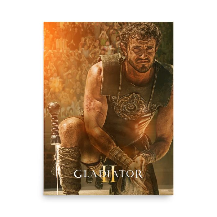 Gladiator II premium poster featuring dramatic cinematic artwork of Lucius centered against a dark background