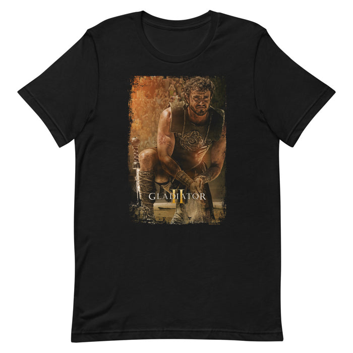 Black cotton t-shirt featuring a Gladiator II Lucius graphic print centered on the front chest