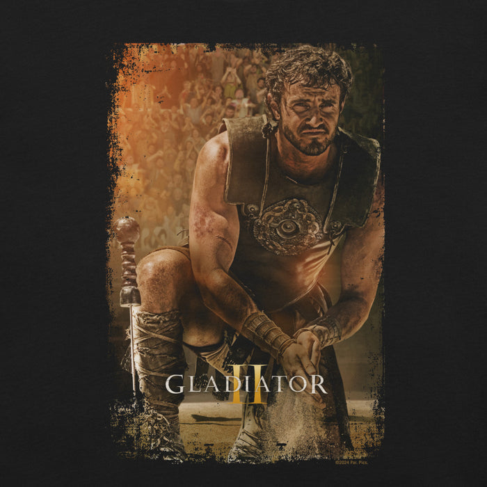 Close-up view of the Gladiator II Lucius graphic design and premium cotton fabric texture