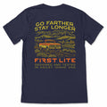 Navy blue t-shirt with outdoor graphic and text on a white background
