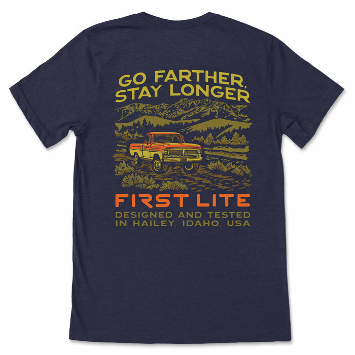 Navy blue t-shirt with outdoor graphic and text on a white background