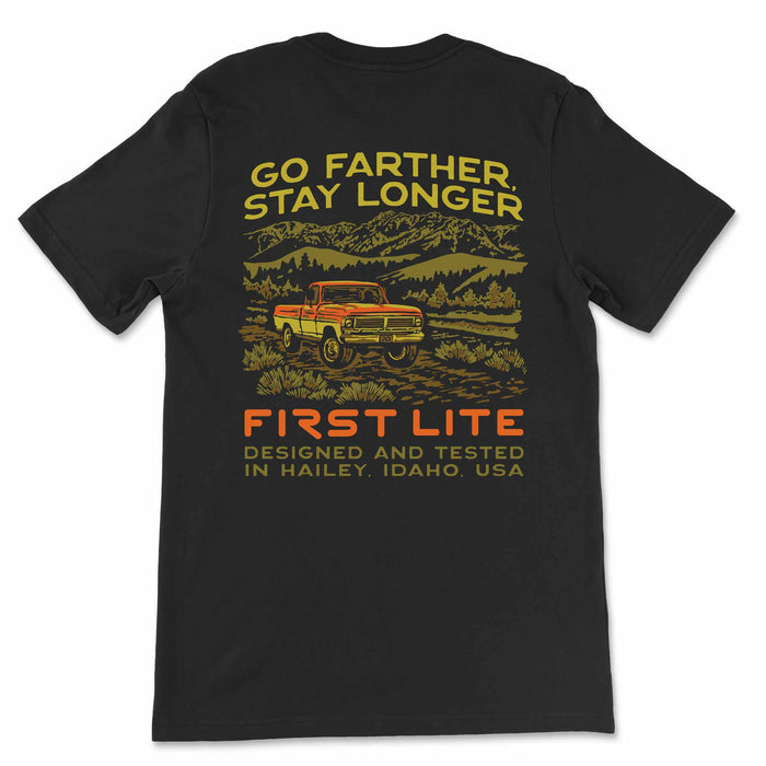 Black t-shirt with graphic design and text on a white background