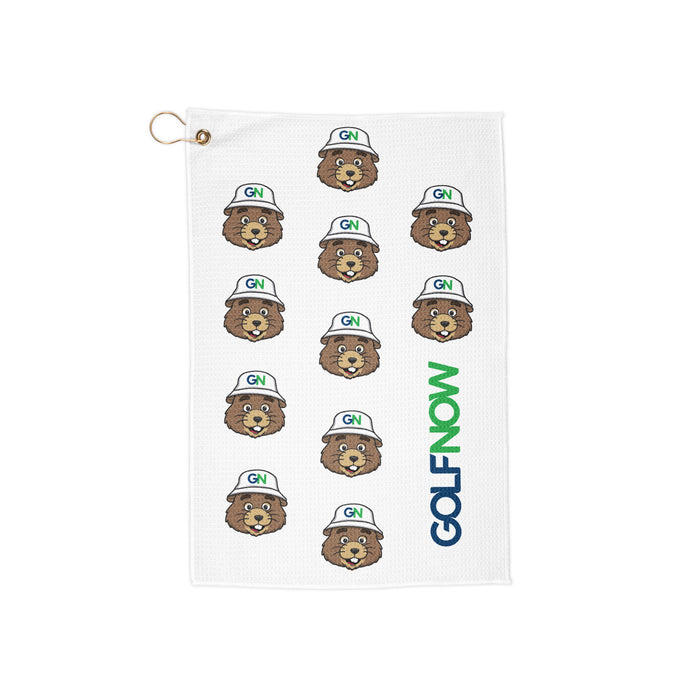 GolfNow Gopher Golf Towel folded and hanging from a golf bag