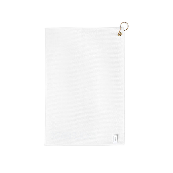 Close-up of GolfPass logo on absorbent golf towel with gold ring