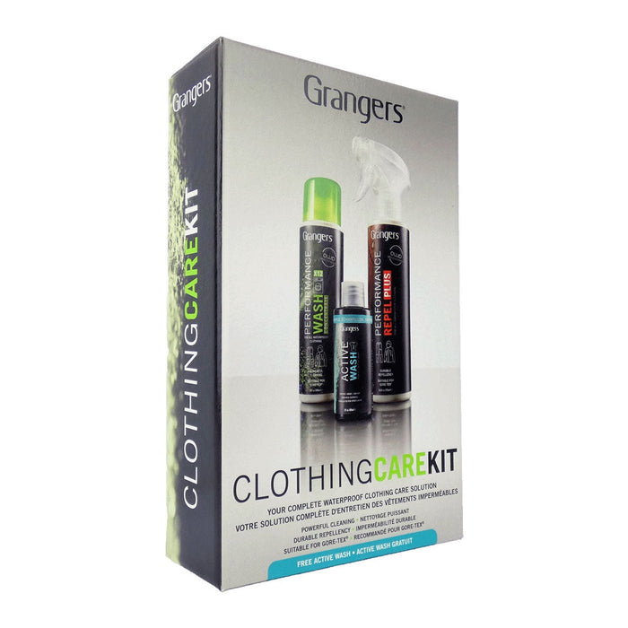 Grangers Clothing Care Kit box, gray and dark gray, displaying three black bottles: a tall green-capped wash, a small active wash, and a tall spray repellant for waterproof and Gore-Tex clothing.