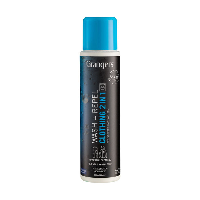 Grangers Wash + Repel 2 in 1 Clothing Treatment in a 300ml dark blue bottle with a bright blue cap, labeled for waterproof clothing and Gore-Tex.