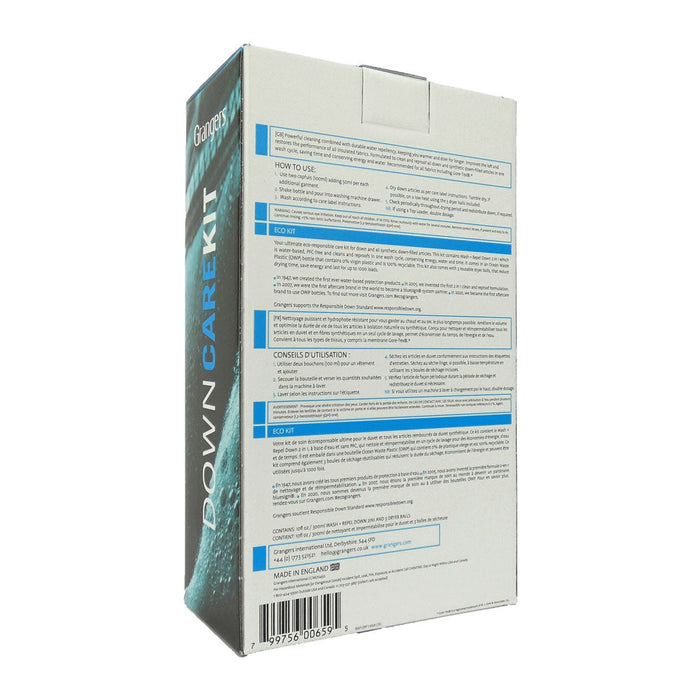Grangers Down Care Kit in a white and dark teal box, displaying product details and a barcode.