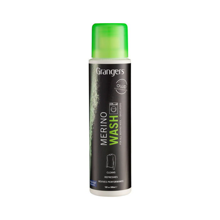 Black Grangers Merino Wash bottle with a bright green cap, labeled for merino wool and baselayers, 300ml.