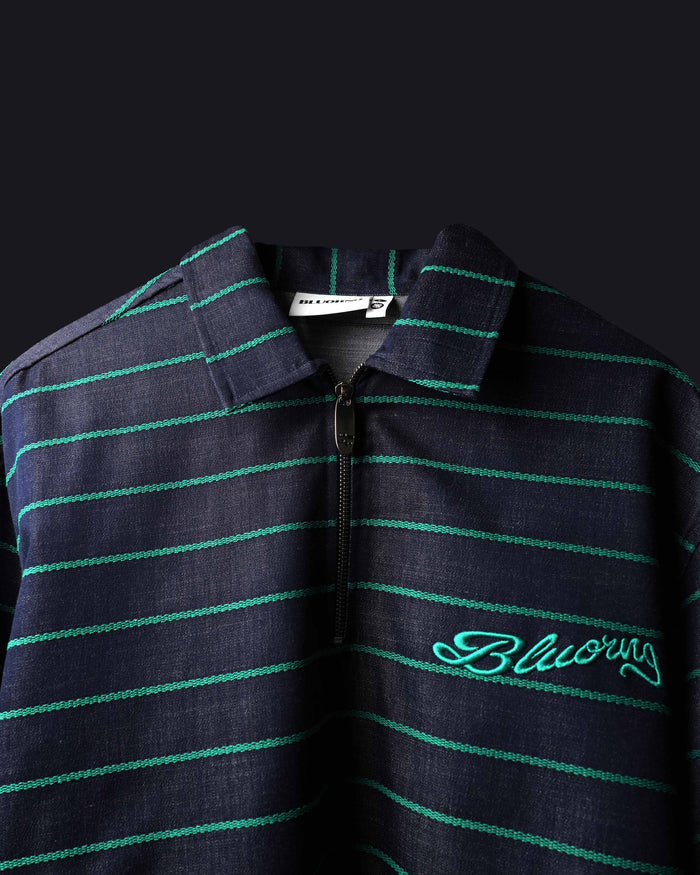 Green Stripe Rugby Full Sleeve Quarter Zipper T-Shirt