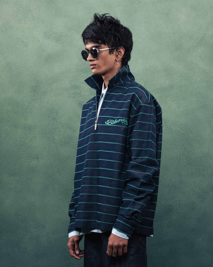Cut-and-Sew Stripe Design Green Stripe T-Shirt