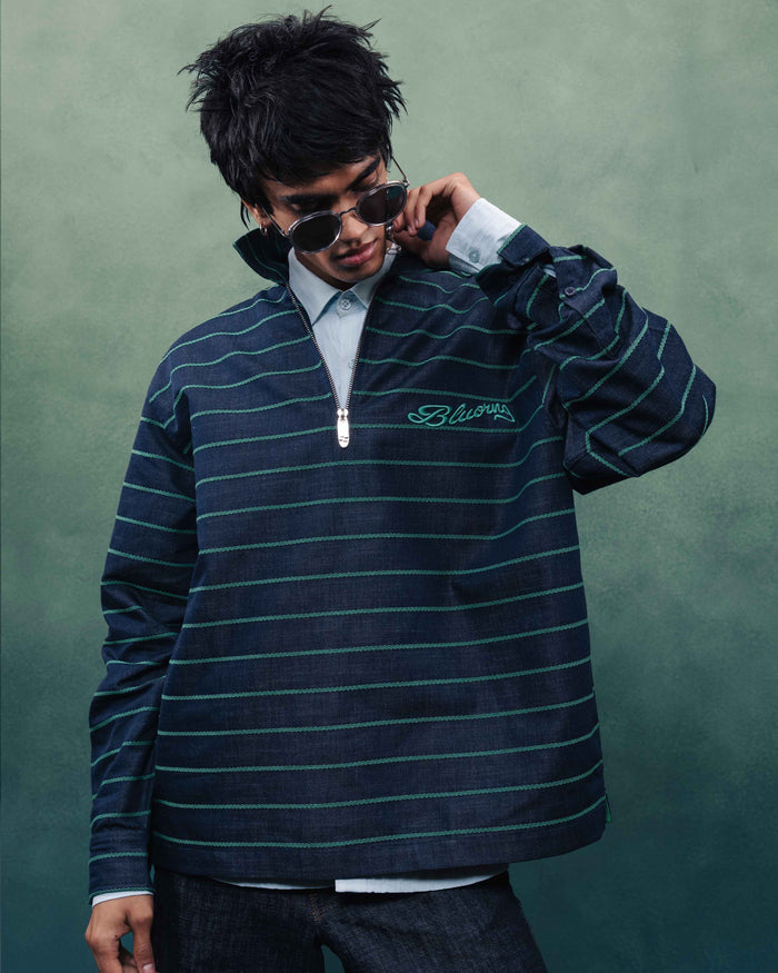 Streetwear Style Green Stripe Rugby Full Sleeve Quarter Zipper