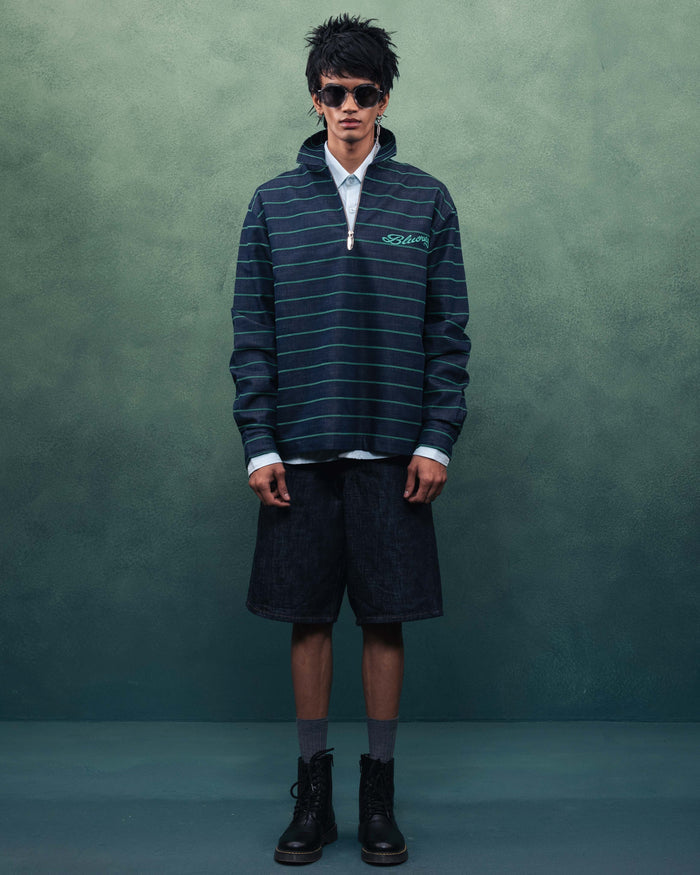 Relaxed Fit Full Sleeve Green Stripe Rugby Quarter Zipper