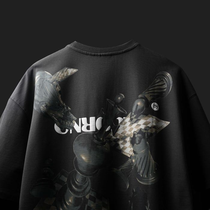Round Neck Oversized Monochrome Chess Artwork Tee