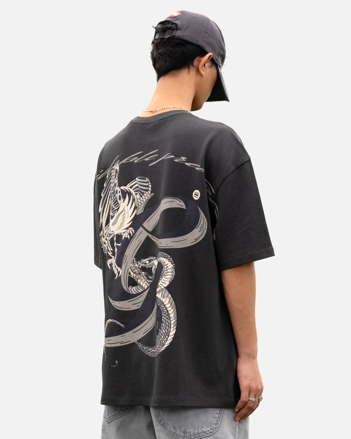Grey wash oversized t-shirt serpent battle graphic