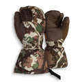 Pair of First Lite hunting mittens with brown leather palms and a green, brown, and tan camouflage pattern on the backs and gauntlets.