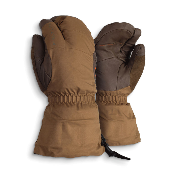 Tan and dark brown 3-finger mittens feature leather palms, elasticized wrists, and drawstring gauntlet cuffs.