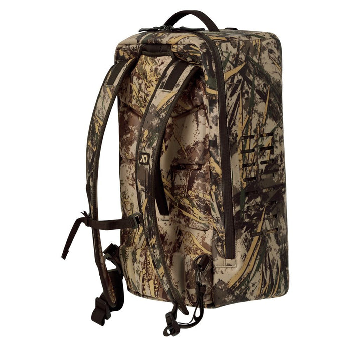 Camouflage backpack with padded shoulder straps, a top handle, and vertical gear attachment slots on the side.