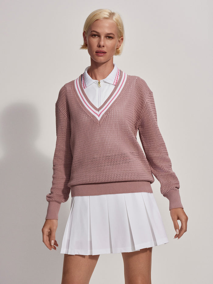 Image|Front-facing Hadley Knit Deauville Mauve sweater in mauve knit, featuring long sleeves and a relaxed fit with soft ribbed texture.
