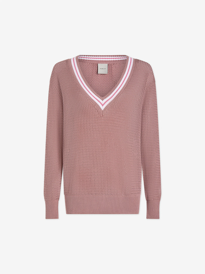 Image|Front view of the Hadley Knit Deauville Mauve by Varley, a mauve knit sweater with a relaxed fit and soft textured knit.