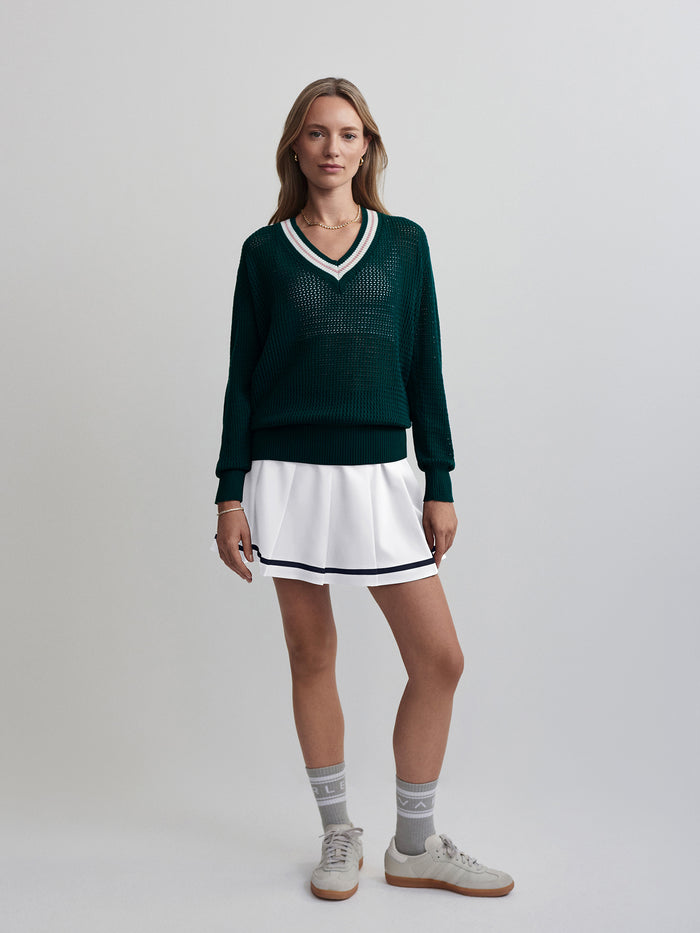 Image|Hadley Knit in Forest by Varley, forest-green knit sweater.