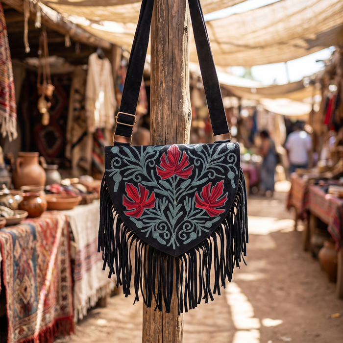 Handmade Green and Red Suede Embroidered Heart Shaped Bag