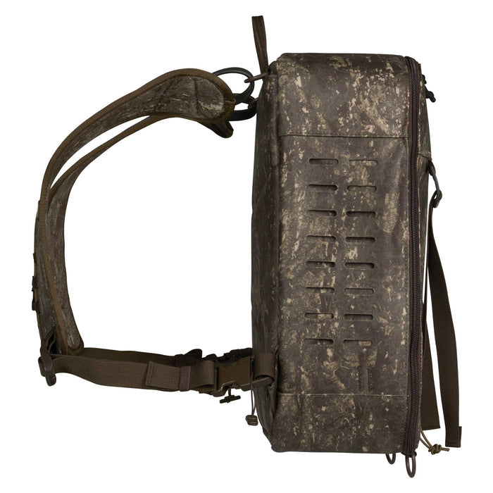 Side view of a brown and tan camouflage backpack with a rigid rectangular body featuring horizontal attachment slots.