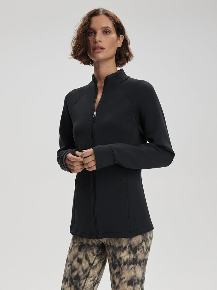Black|Front view of Hayden Zip-Through Sweat in black, slim-fit with a zip-through front, made in lightweight Spacer fabric to keep you cool and dry.
