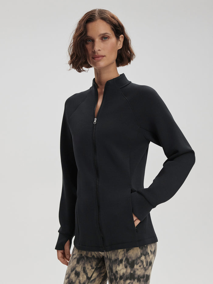 Black|Hayden Zip-Through jacket in Black, front view with full-zip, minimalist design suitable for layering.