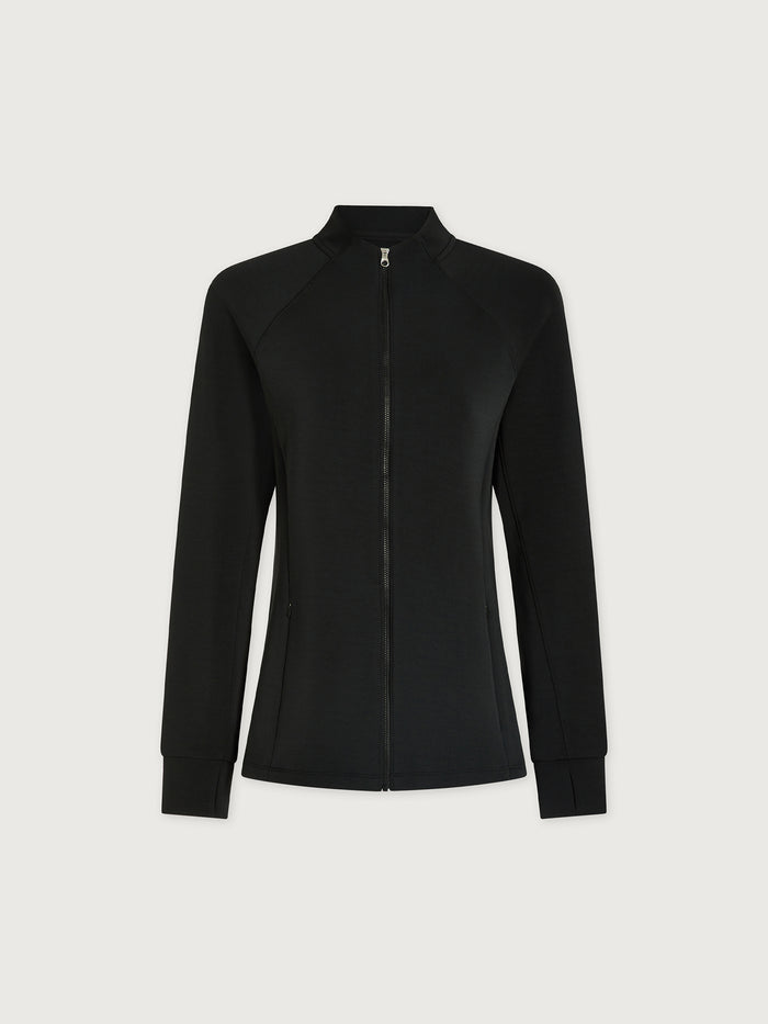 Black|Hayden Zip Through Black jacket, front-zip design with stand collar.