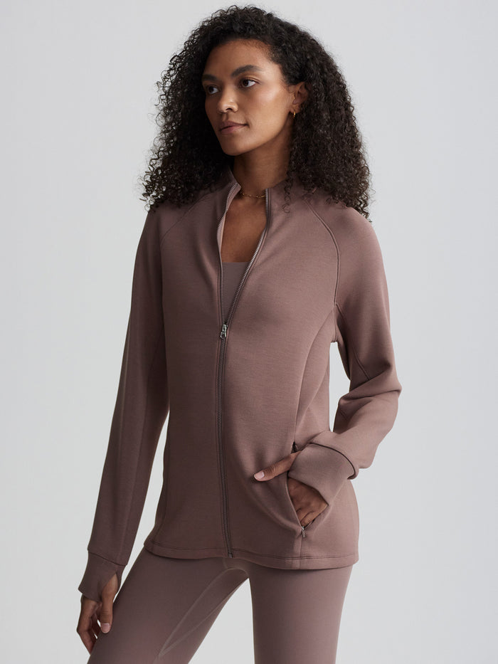 Deep Taupe|Front view of Varley Hayden Zip Through Deep Taupe, a zip-through layer with long sleeves for layering.