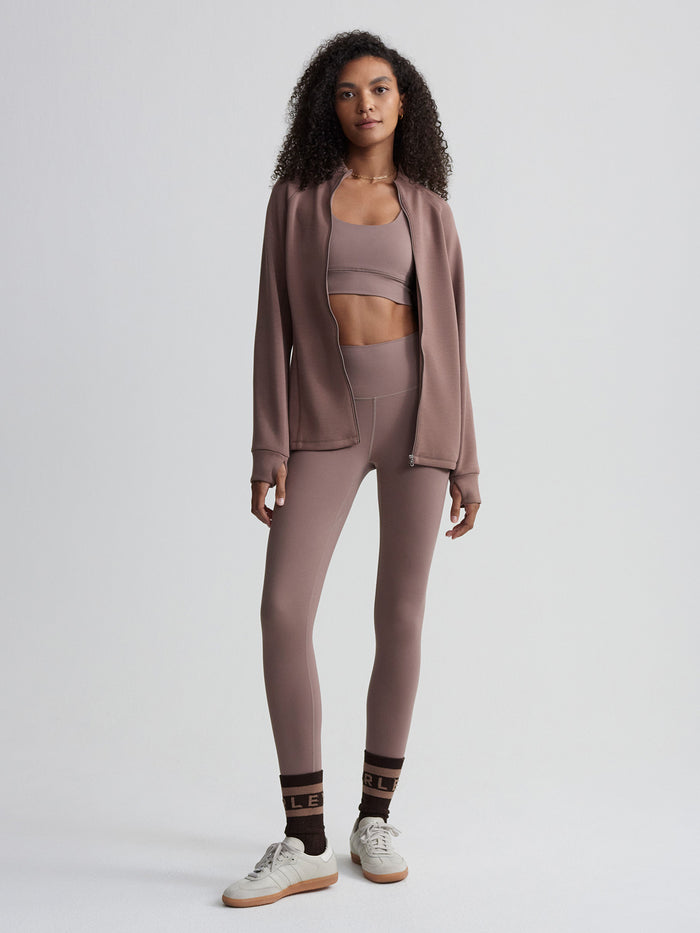 Deep Taupe|Varley Hayden Zip-Through in Deep Taupe, a front-zip hoodie with a clean minimalist silhouette.