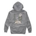 Grey hoodie with a white camping tent, green trees to the sides and a moon with stars on top and text "GO FARTHER STAY LONGER" below