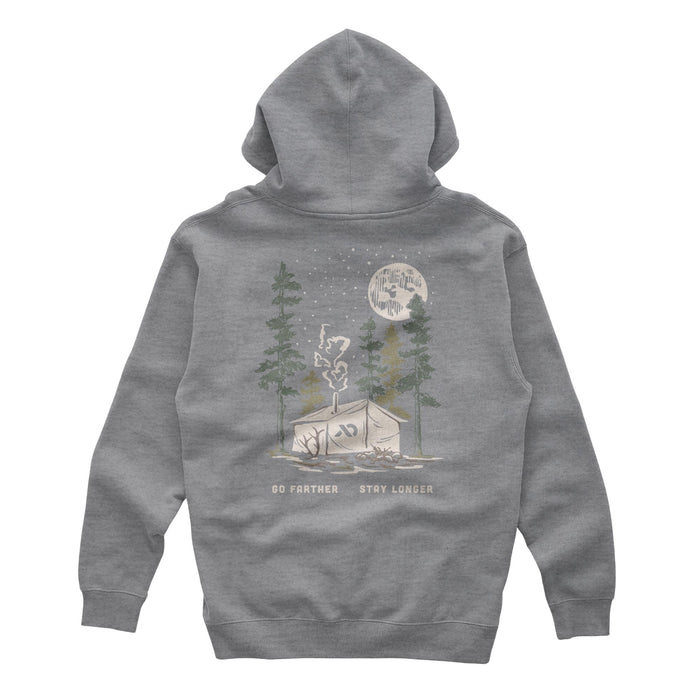 Grey hoodie with a white camping tent, green trees to the sides and a moon with stars on top and text "GO FARTHER STAY LONGER" below